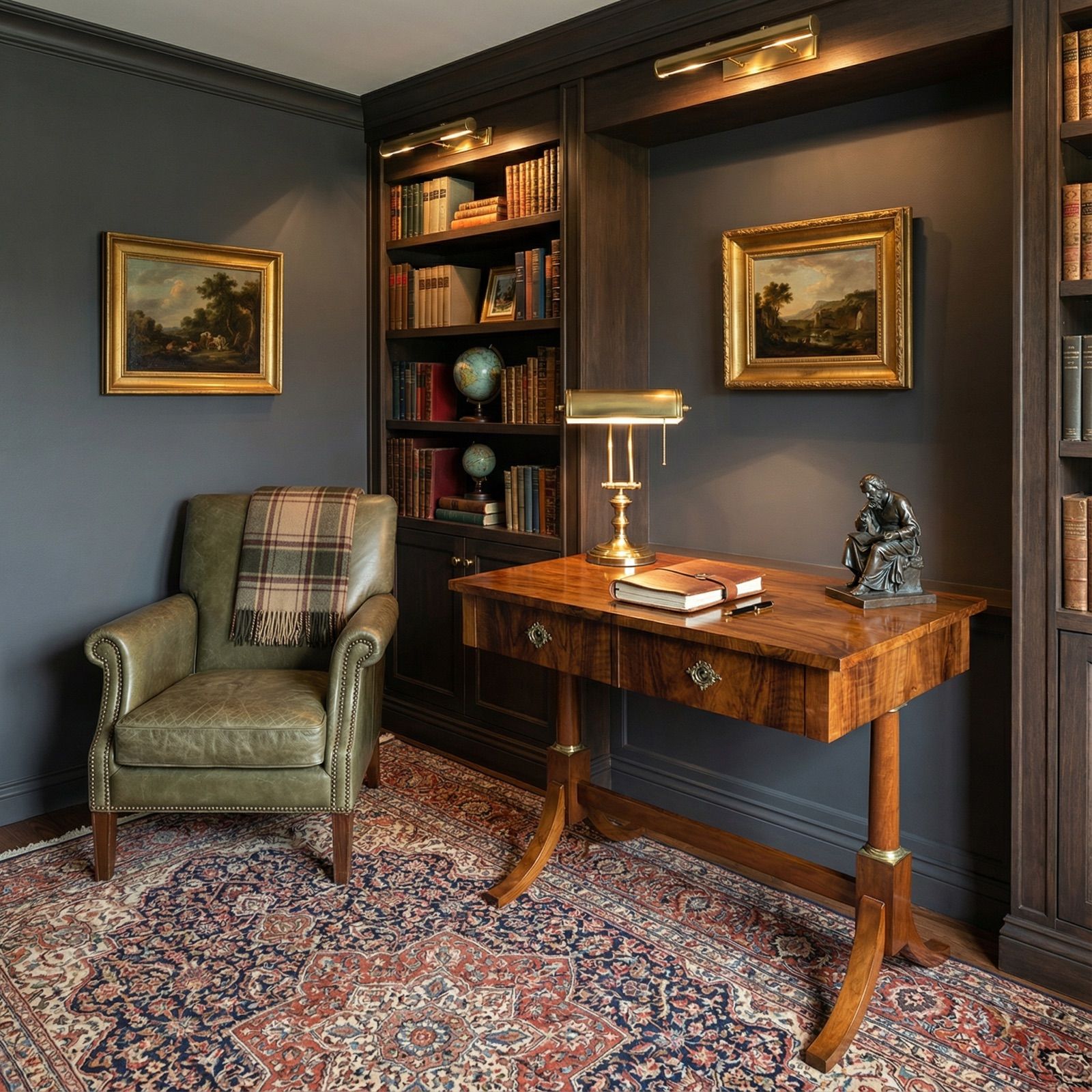 A study corner with a leather armchair, antique writing desk, brass lamp, and framed landscapes.