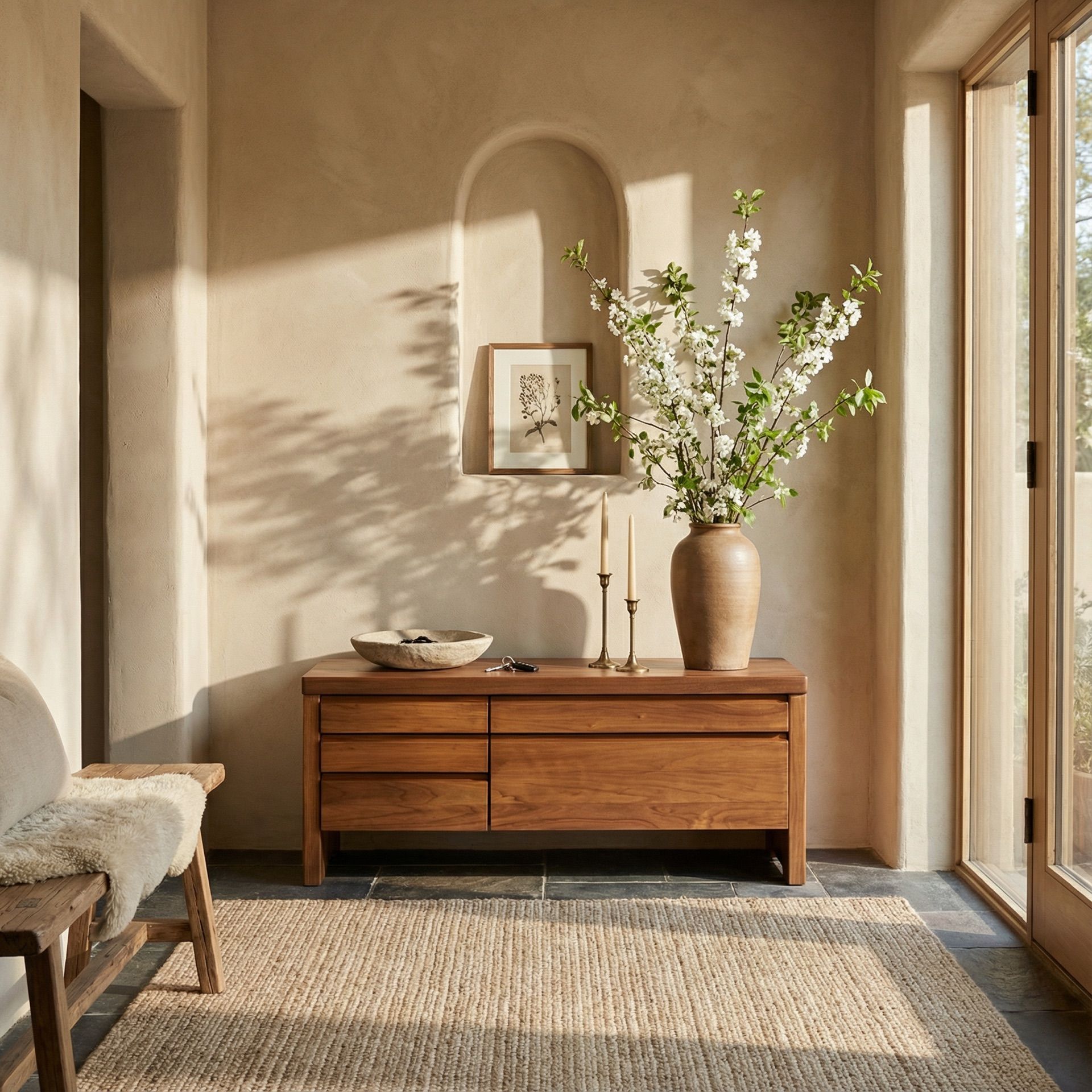 A bespoke wooden sideboard styled with ceramics in a sunlit interior