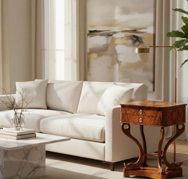 Bench beside a white sofa and antique side table