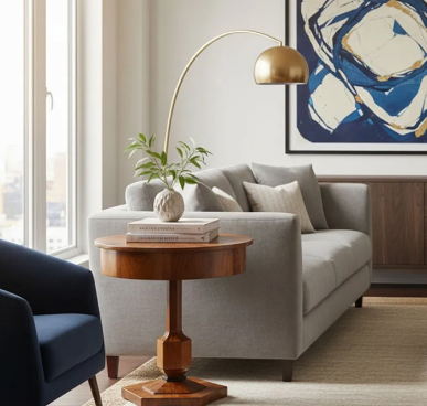 Bench styled with a grey sofa and brass floor lamp